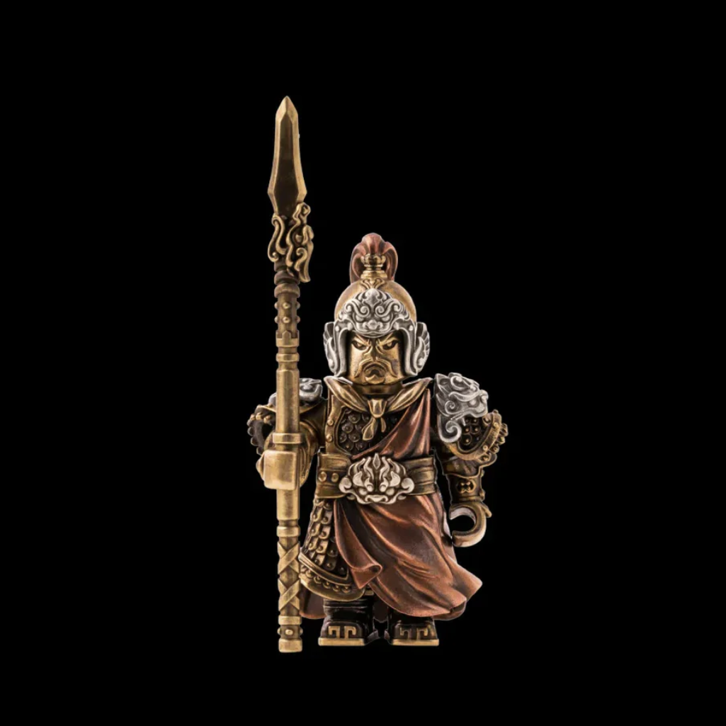 Bronze figurine of a warrior holding a spear on a black background